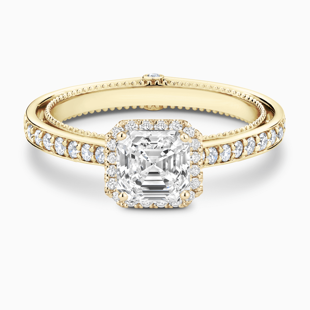 The Ecksand Diamond Halo Engagement Ring with Double Band shown with Asscher in 18k Yellow Gold