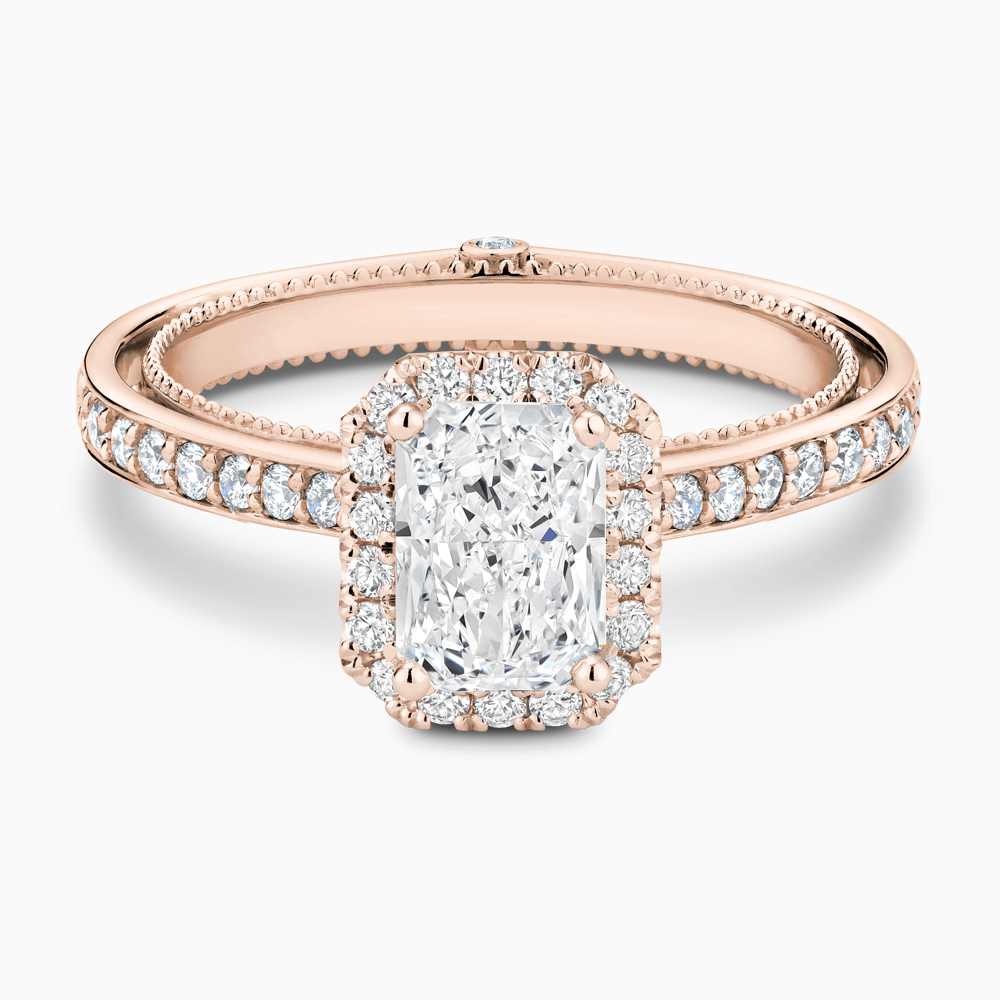 The Ecksand Diamond Halo Engagement Ring with Double Band shown with Radiant in 14k Rose Gold