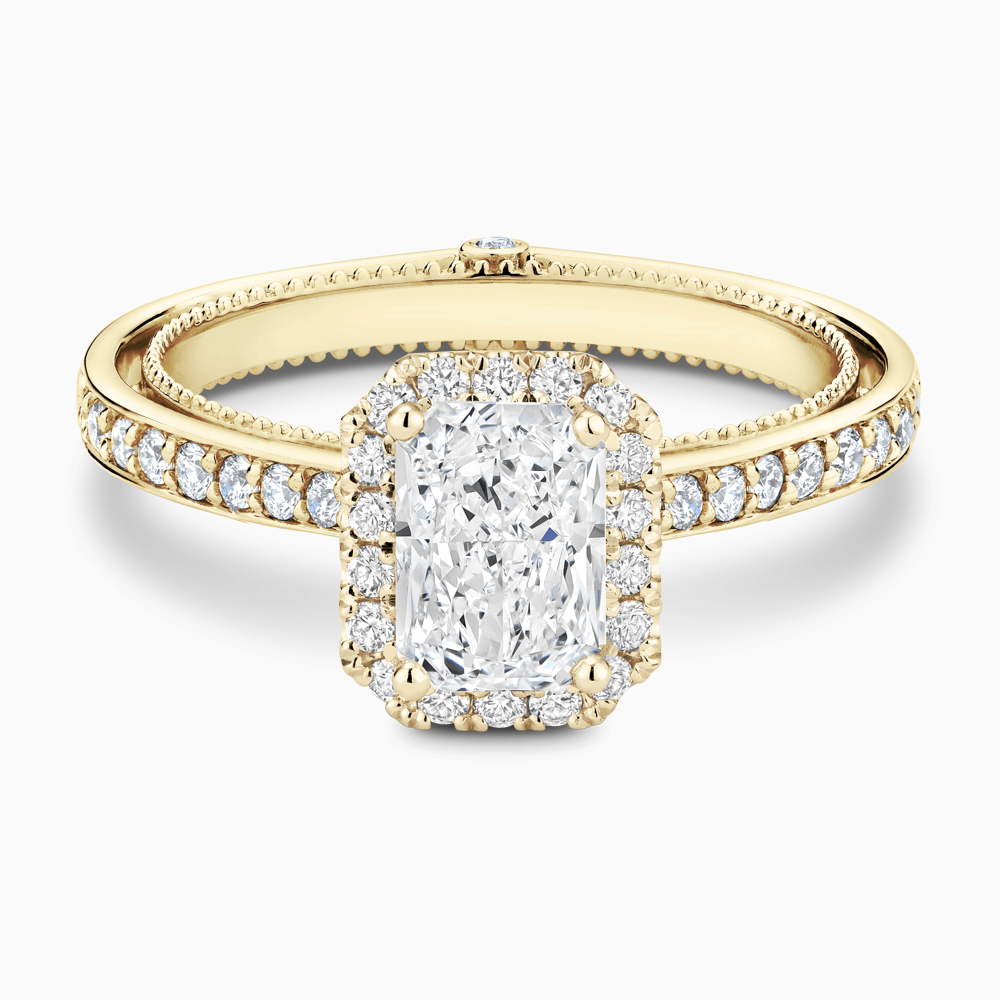 The Ecksand Diamond Halo Engagement Ring with Double Band shown with Radiant in 18k Yellow Gold