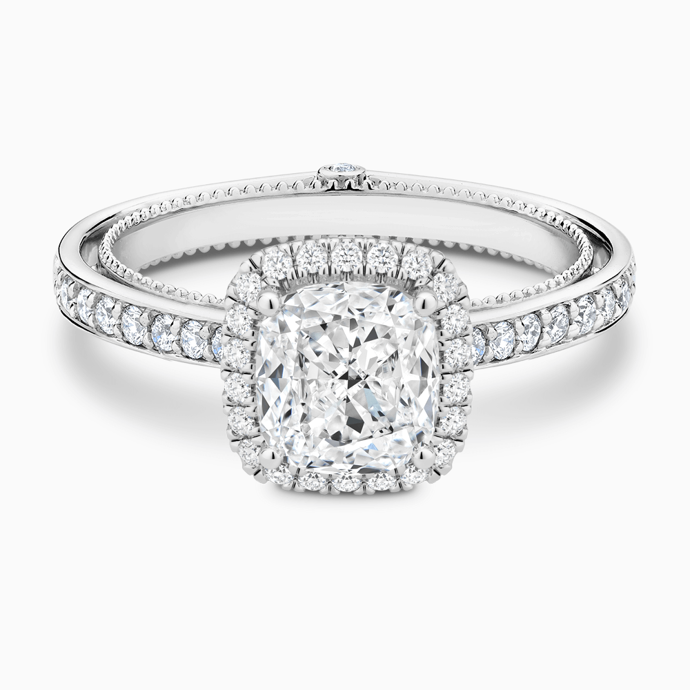 The Ecksand Diamond Halo Engagement Ring with Double Band shown with Cushion in Platinum