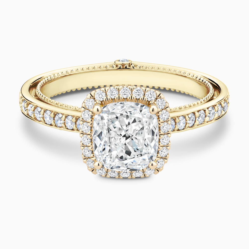 The Ecksand Diamond Halo Engagement Ring with Double Band shown with Cushion in 18k Yellow Gold