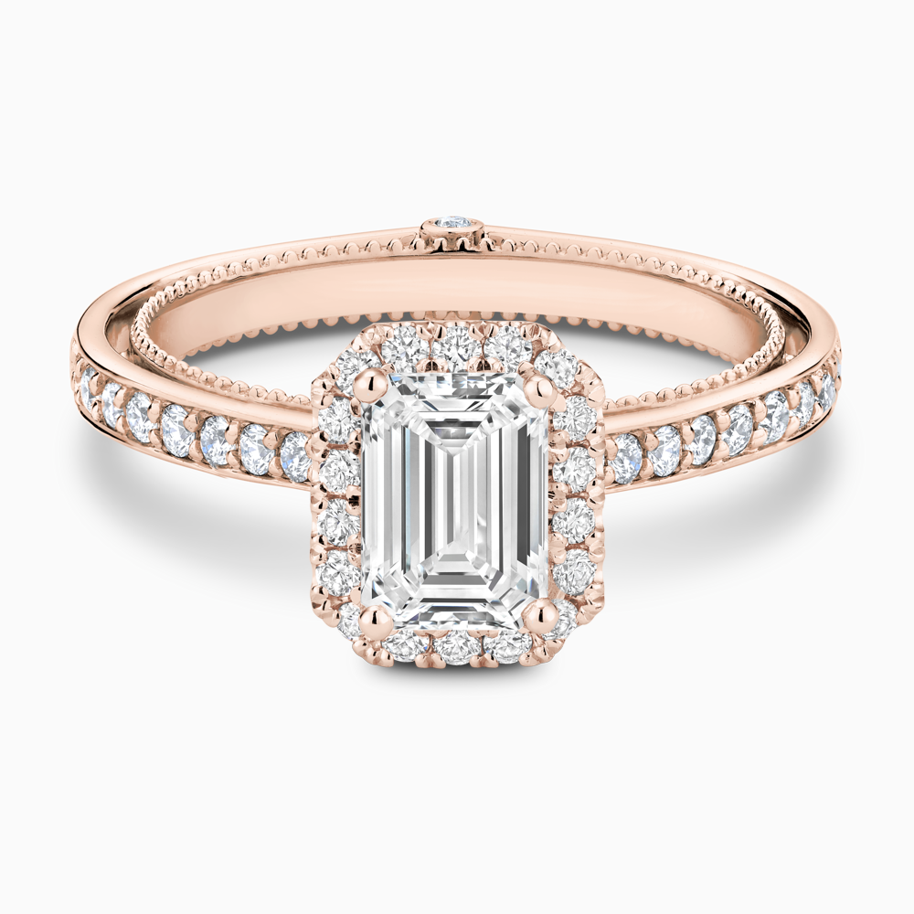 The Ecksand Diamond Halo Engagement Ring with Double Band shown with Emerald in 14k Rose Gold