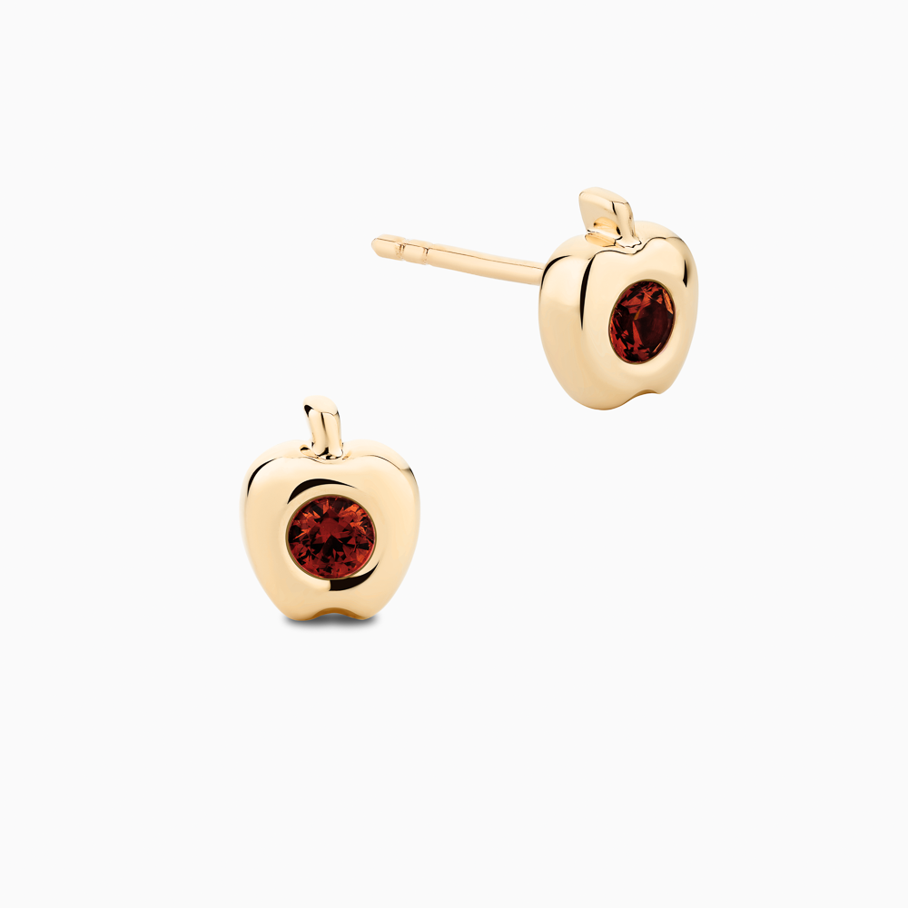 The Ecksand Apple Garnet Earrings shown with Kid | post length with 7mm silicone stopper in 14k Yellow Gold