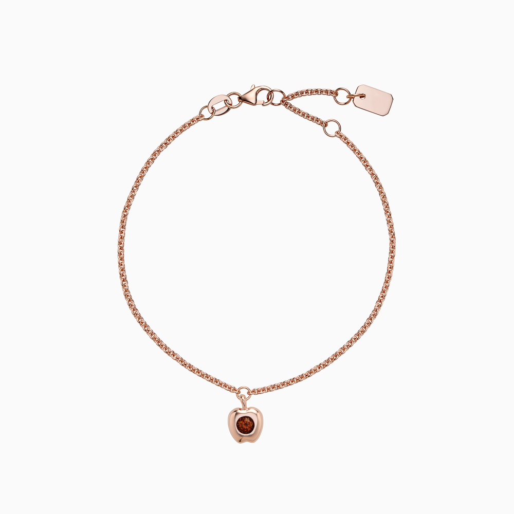 The Ecksand Apple Charm Garnet Bracelet shown with Kid | loops at 4.75", 5.25" and 5.70" in 14k Rose Gold