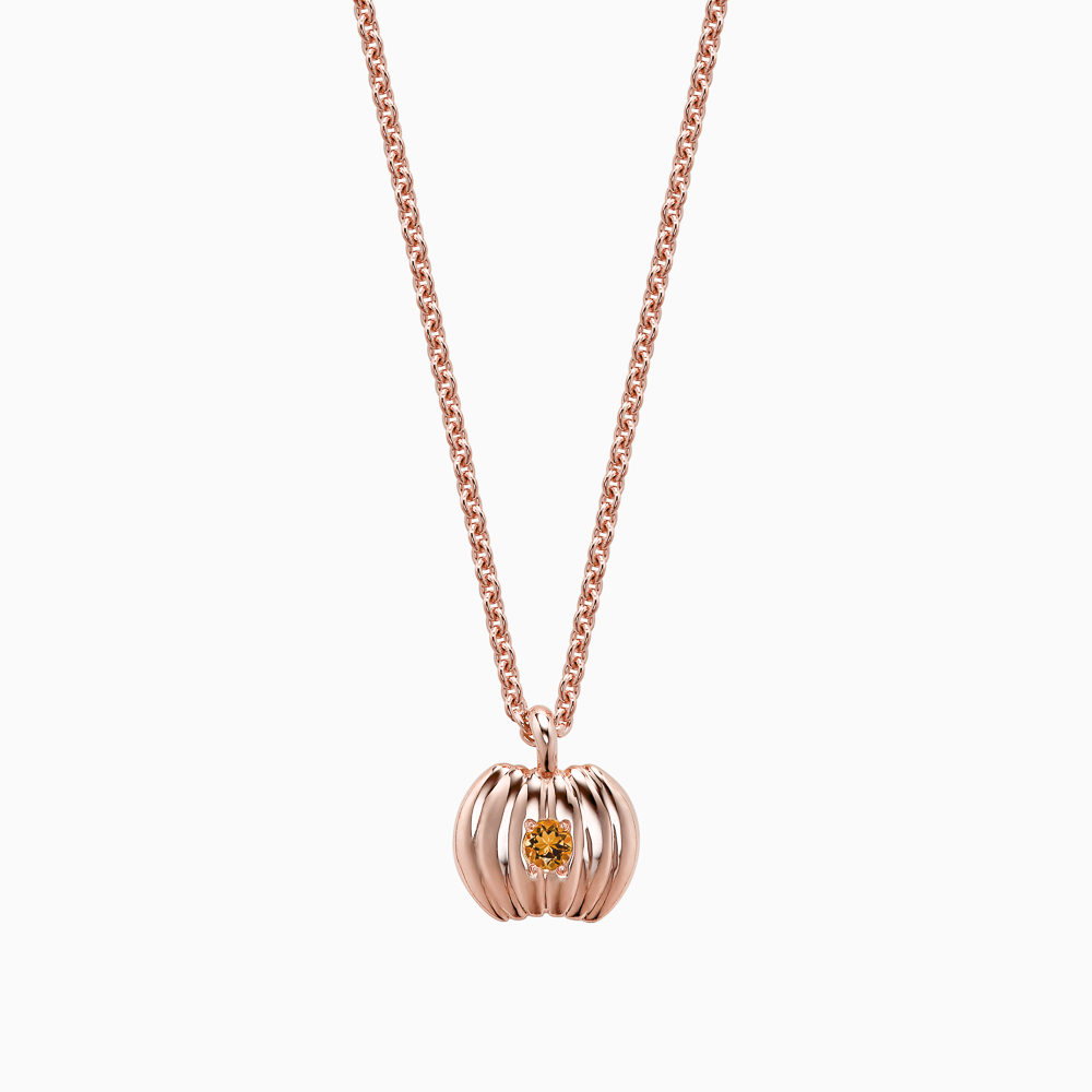 The Ecksand Pumpkin Charm Citrine Pendant Necklace shown with Kid | loops at 14" & 16" in 14k Rose Gold