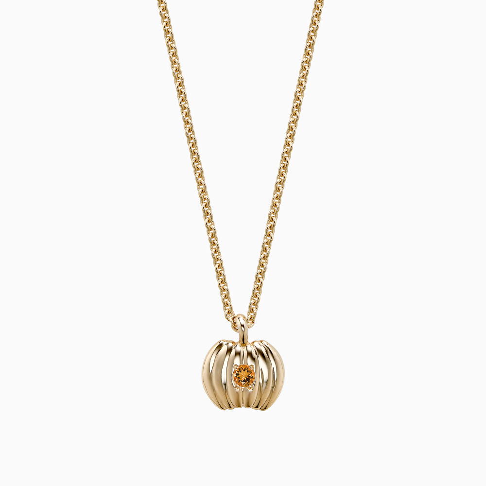 The Ecksand Pumpkin Charm Citrine Pendant Necklace shown with Kid | loops at 14" & 16" in 14k Yellow Gold