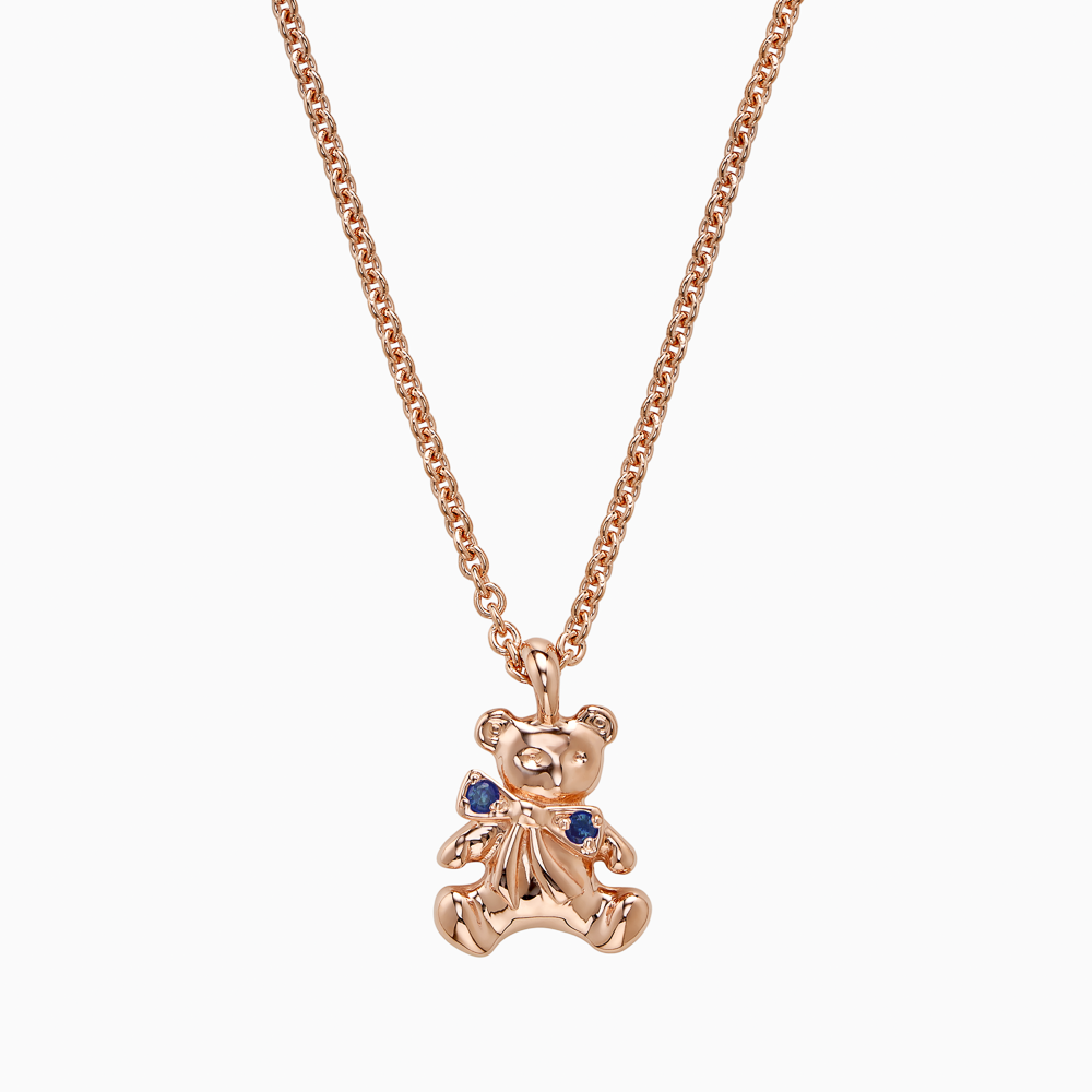 The Ecksand Teddybear Charm Blue Sapphire Pendant Necklace shown with Kid | loops at 14" & 16" in 14k Rose Gold