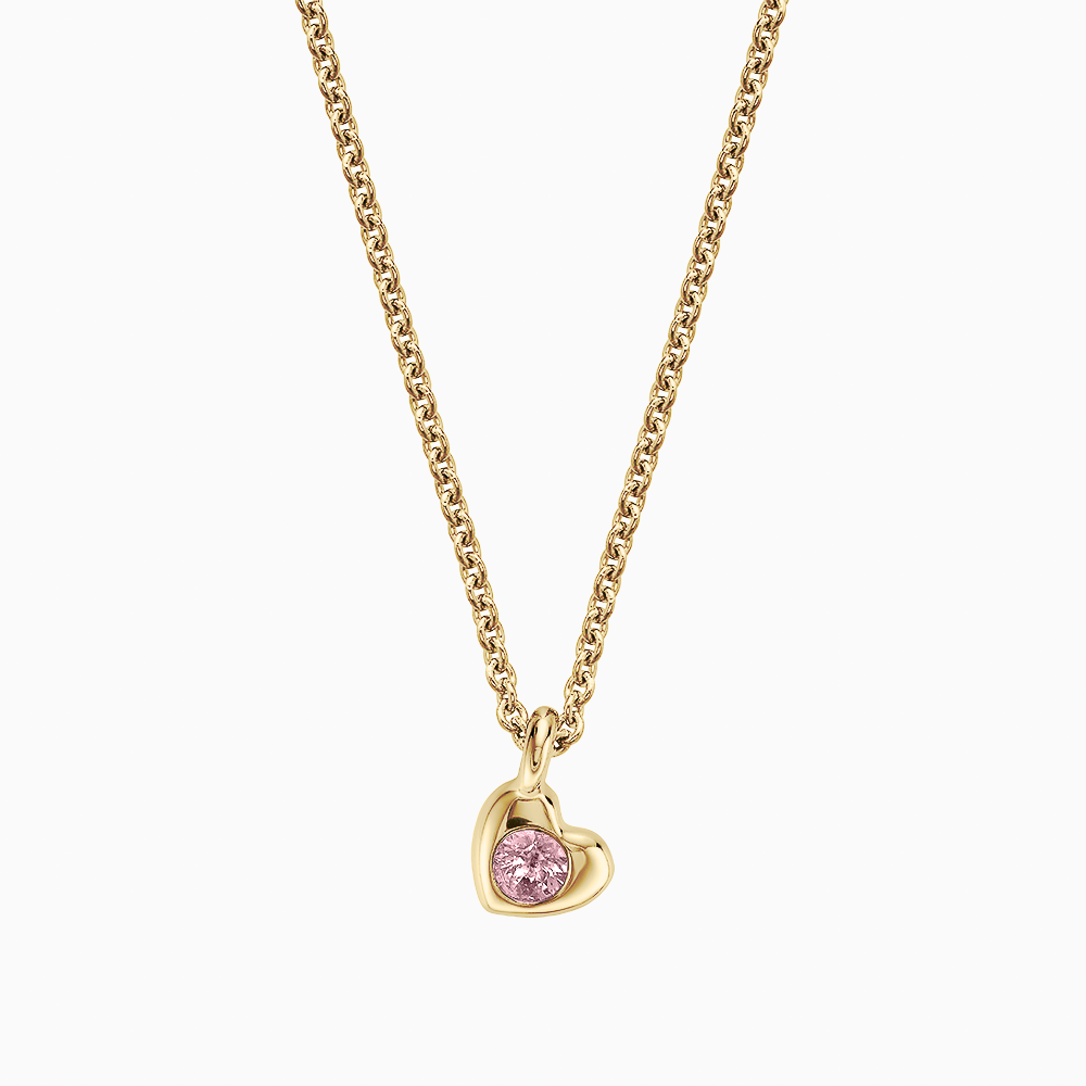 The Ecksand Heart Pink Sapphire Pendant Necklace shown with Adult | loops at 16" & 18" in 14k Yellow Gold