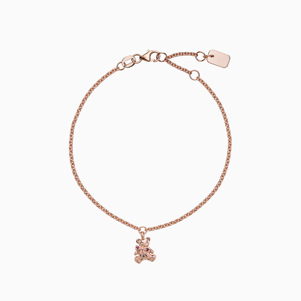 The Ecksand Teddybear Charm Ruby Bracelet shown with Kid | loops at 4.75", 5.25" and 5.70" in 14k Rose Gold