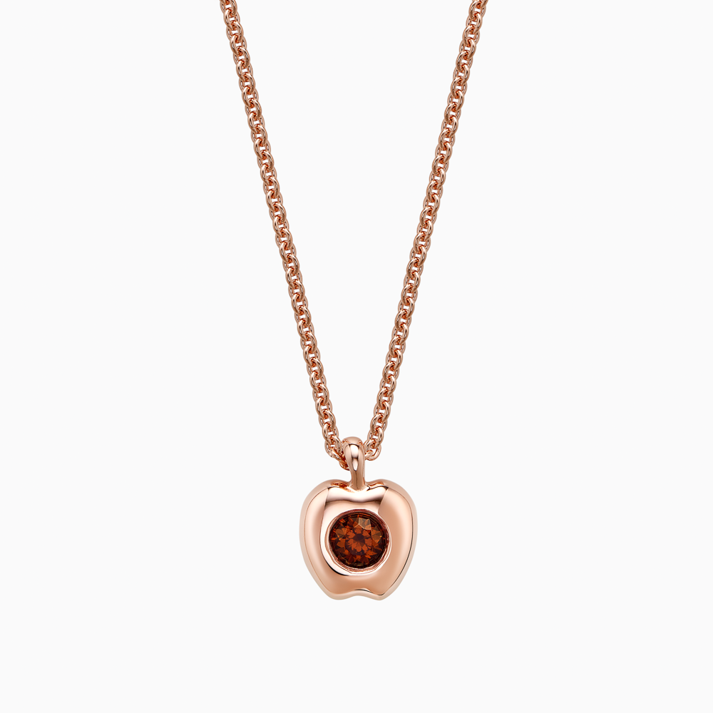 The Ecksand Apple Garnet Pendant Necklace shown with Kid | loops at 14" & 16" in 14k Rose Gold