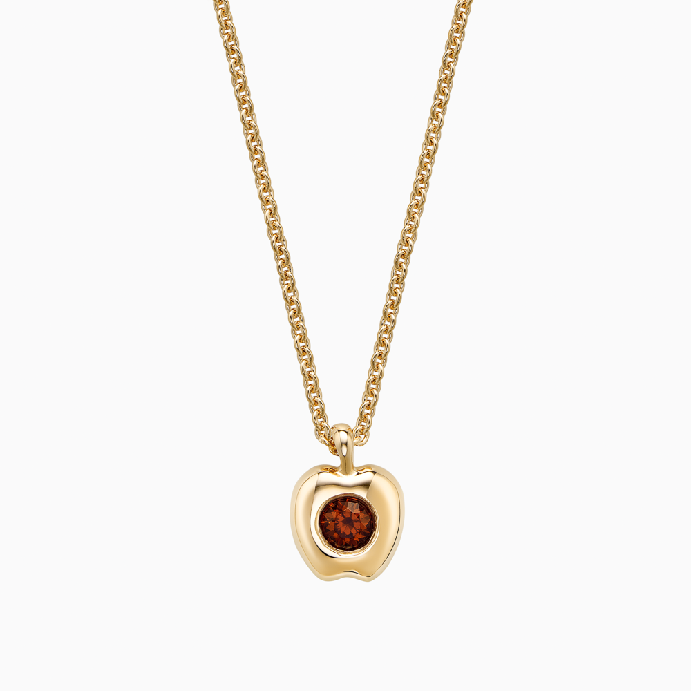The Ecksand Apple Garnet Pendant Necklace shown with Kid | loops at 14" & 16" in 14k Yellow Gold