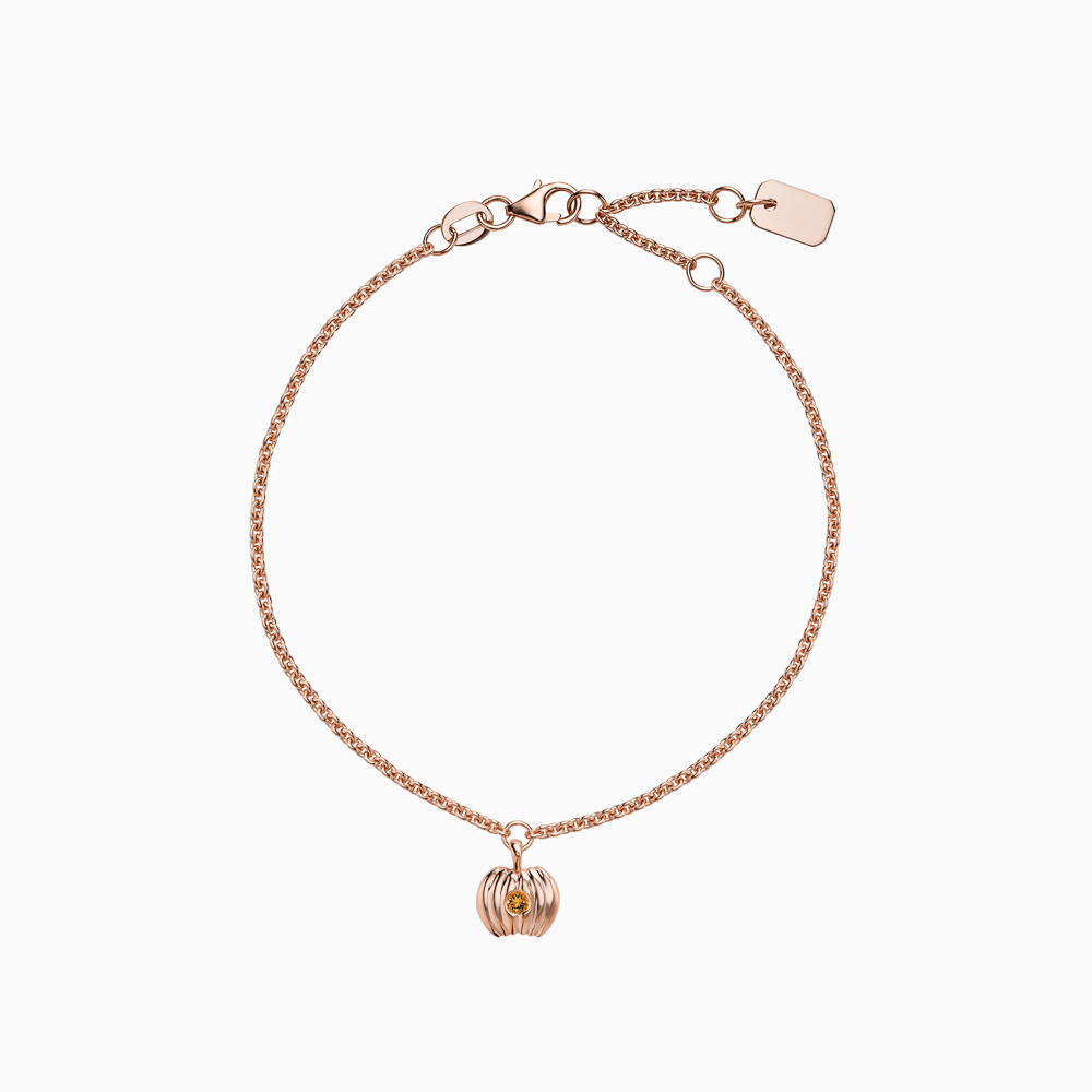 The Ecksand Pumpkin Charm Citrine Bracelet shown with Kid | loops at 4.75", 5.25" and 5.70" in 14k Rose Gold