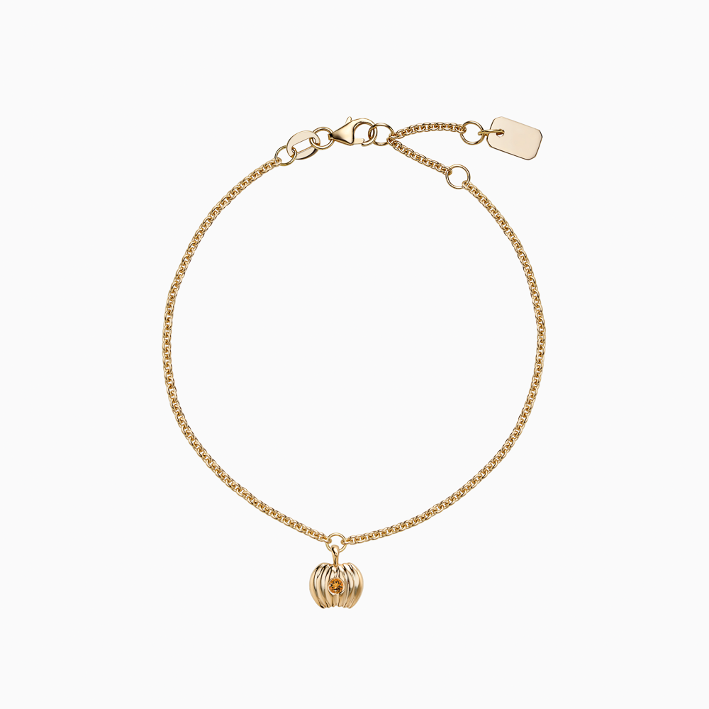 The Ecksand Pumpkin Charm Citrine Bracelet shown with Kid | loops at 4.75", 5.25" and 5.70" in 14k Yellow Gold