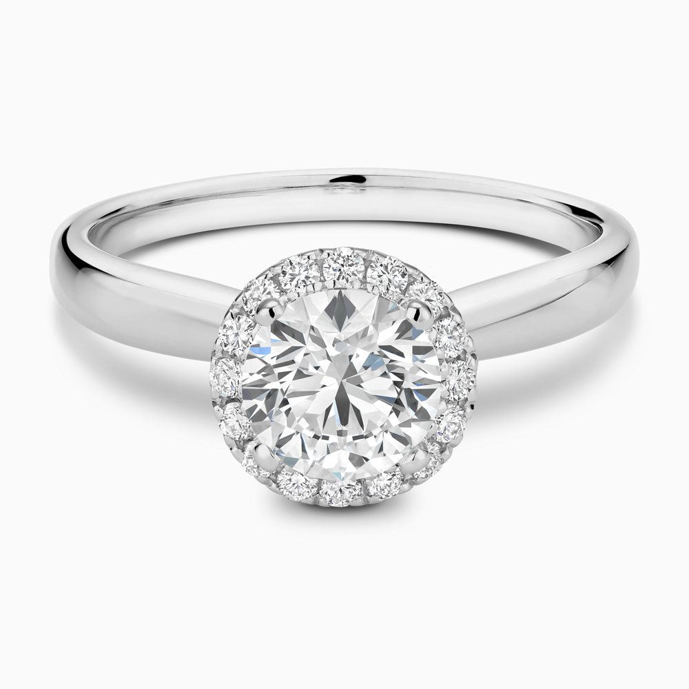 The Ecksand Secret Heart Engagement Ring with Halo shown with Round in 18k White Gold
