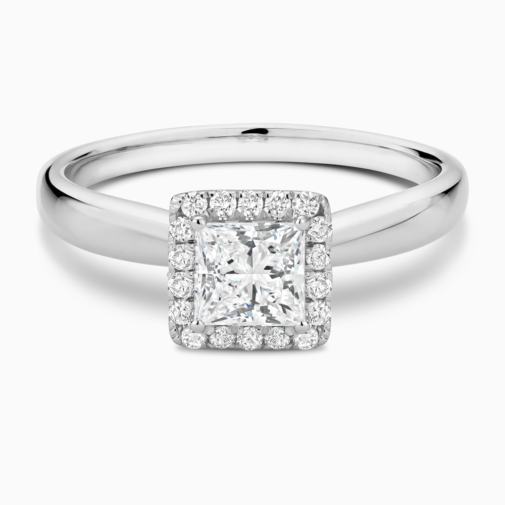 The Ecksand Secret Heart Engagement Ring with Halo shown with Princess in Platinum