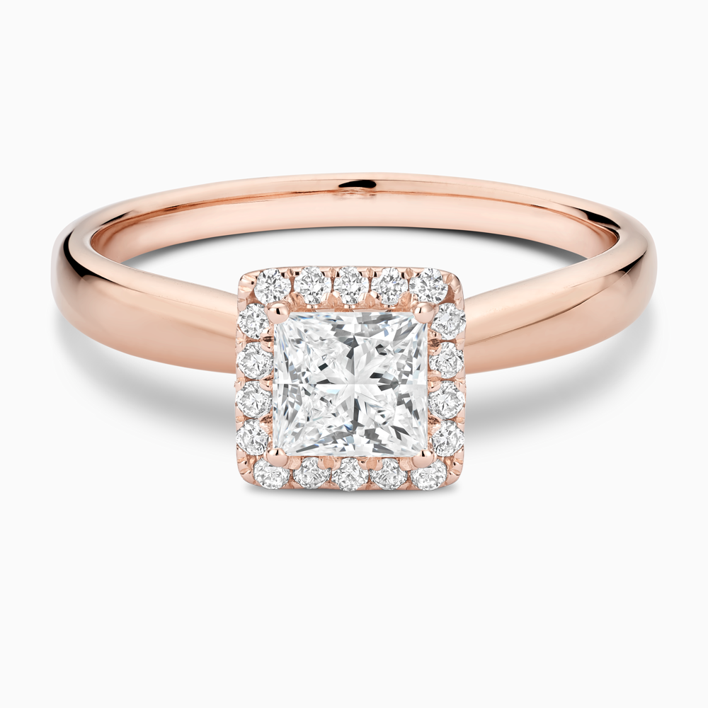 The Ecksand Secret Heart Engagement Ring with Halo shown with Princess in 14k Rose Gold