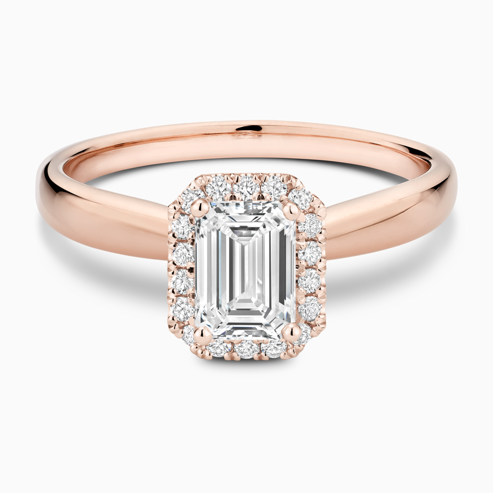 The Ecksand Secret Heart Engagement Ring with Halo shown with Emerald in 14k Rose Gold