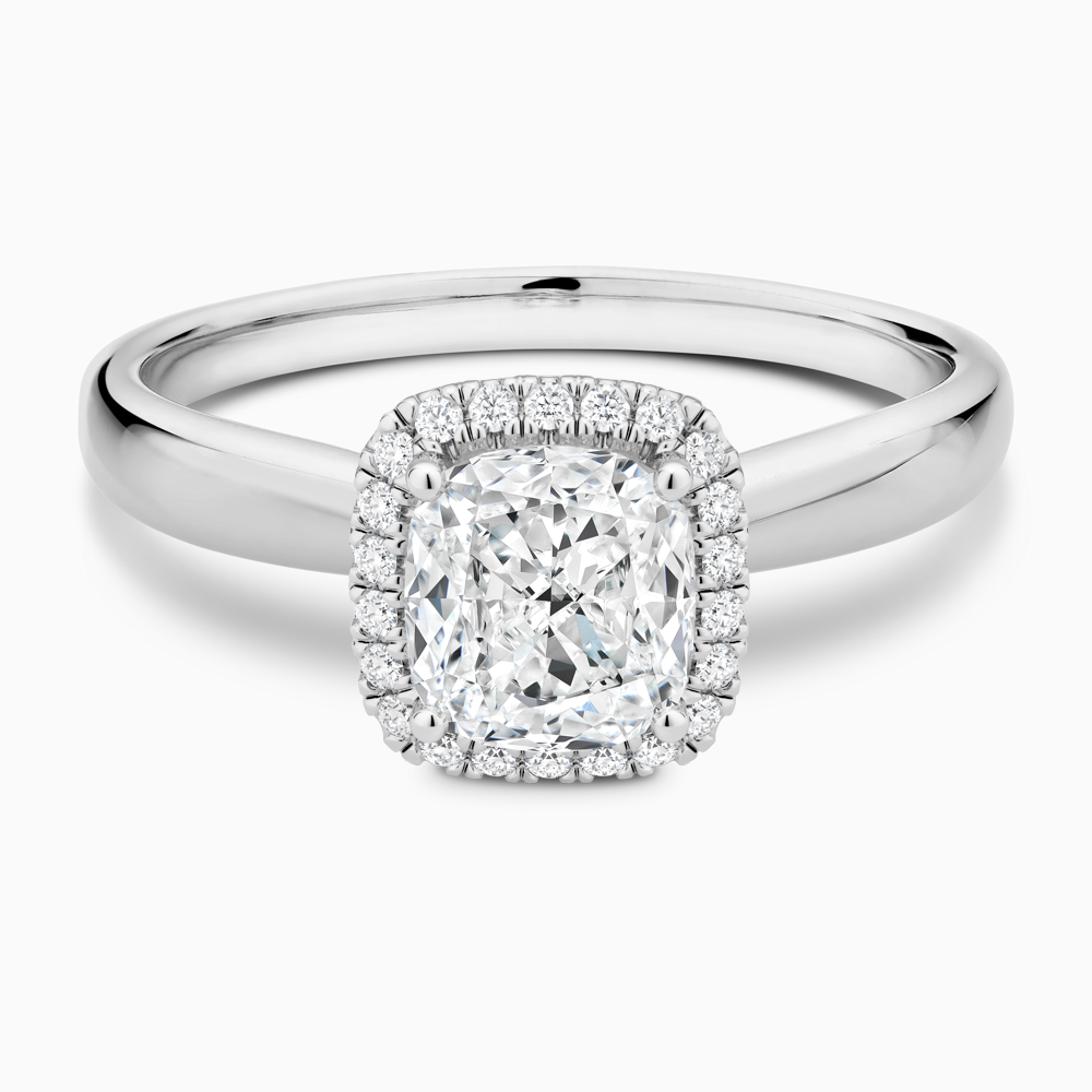 The Ecksand Secret Heart Engagement Ring with Halo shown with Cushion in Platinum