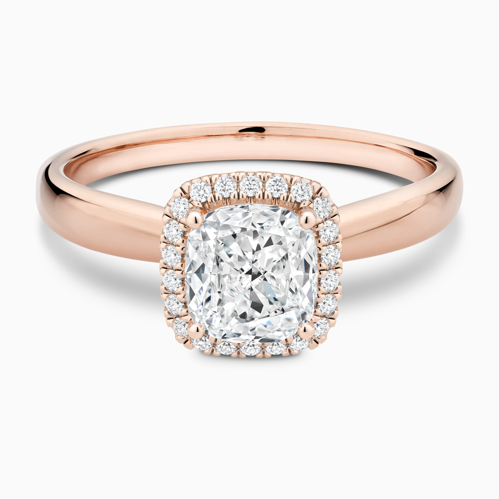 The Ecksand Secret Heart Engagement Ring with Halo shown with Cushion in 14k Rose Gold