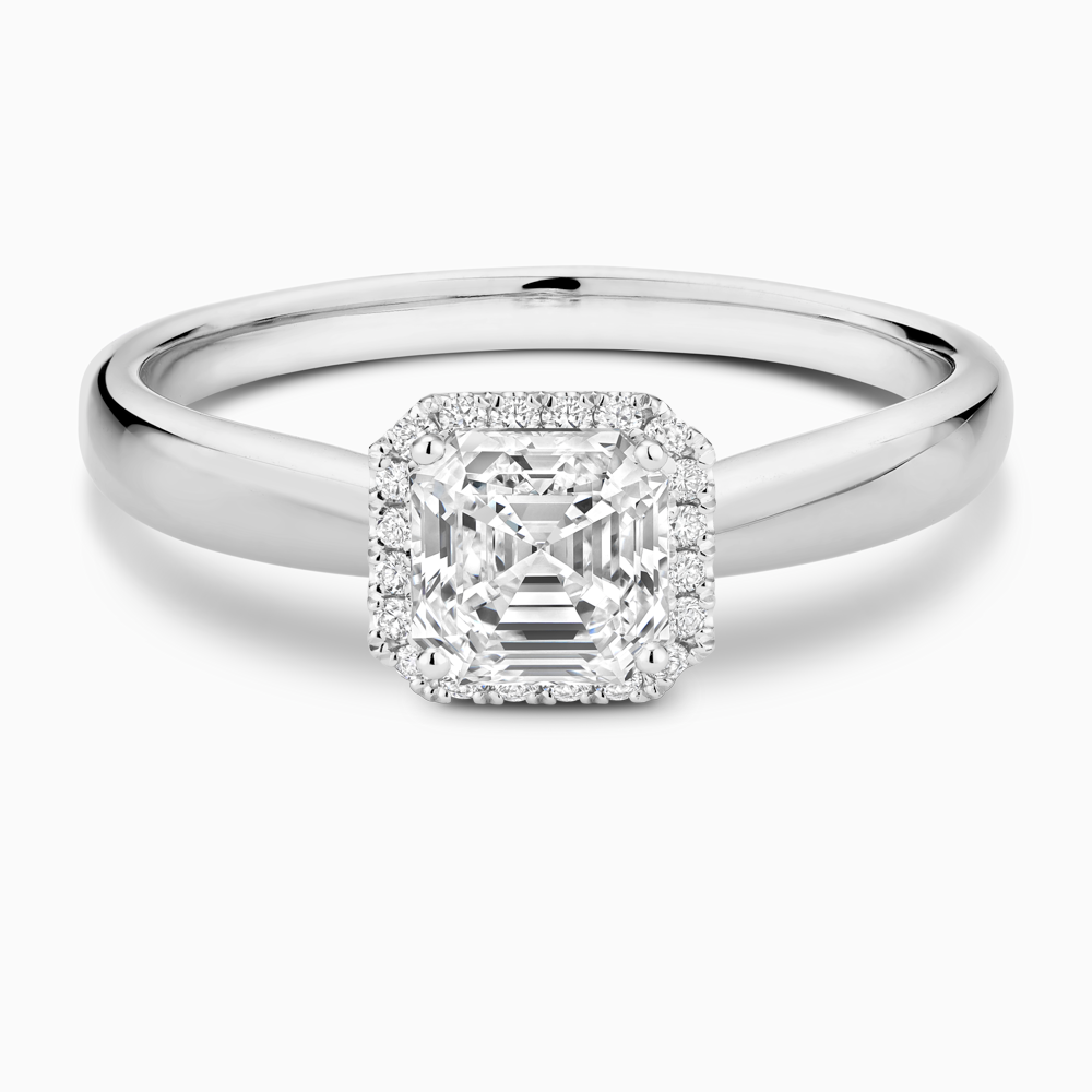 The Ecksand Secret Heart Engagement Ring with Halo shown with Asscher in Platinum