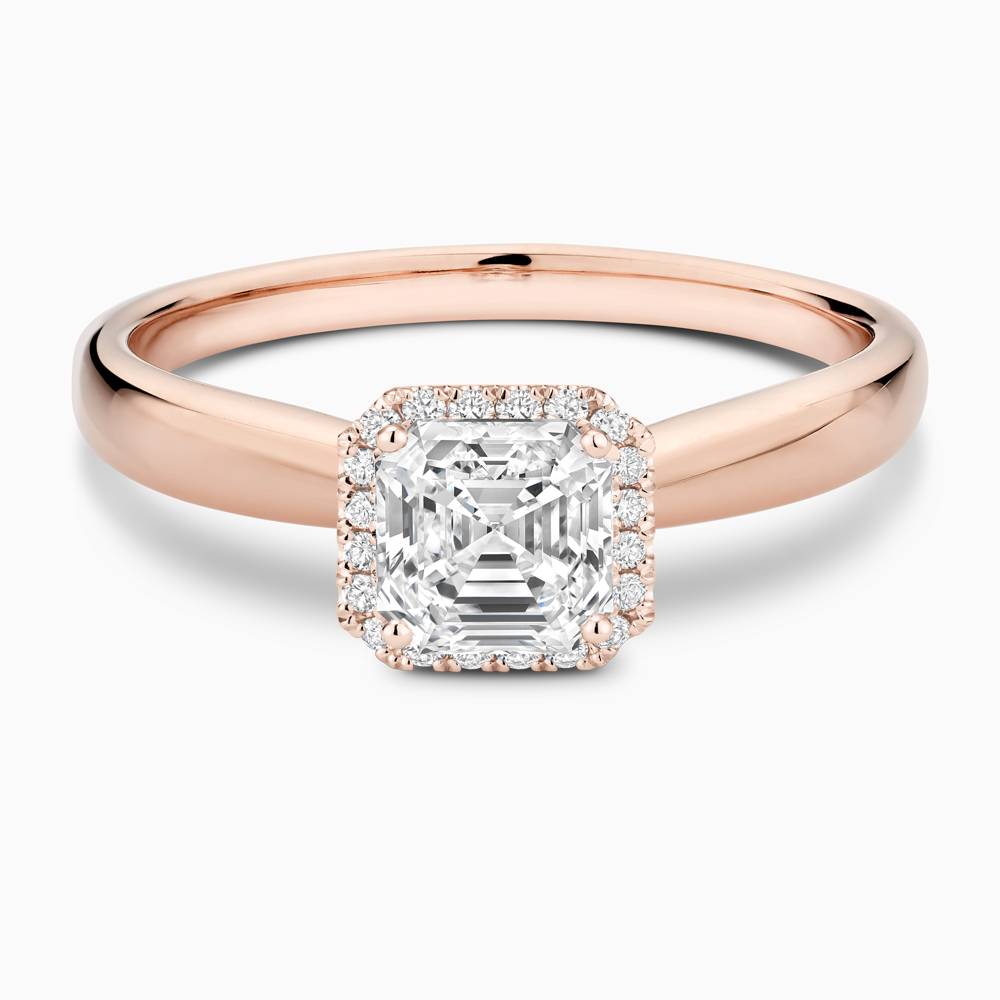 The Ecksand Secret Heart Engagement Ring with Halo shown with Asscher in 14k Rose Gold