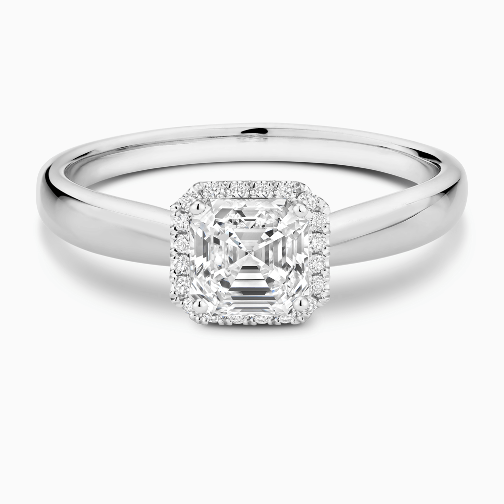 The Ecksand Secret Heart Engagement Ring with Halo shown with Asscher in 18k White Gold