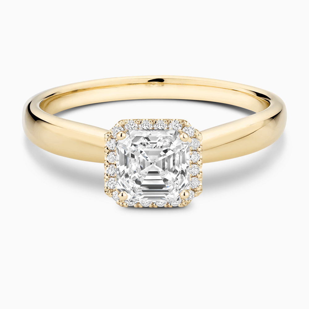 The Ecksand Secret Heart Engagement Ring with Halo shown with Asscher in 18k Yellow Gold