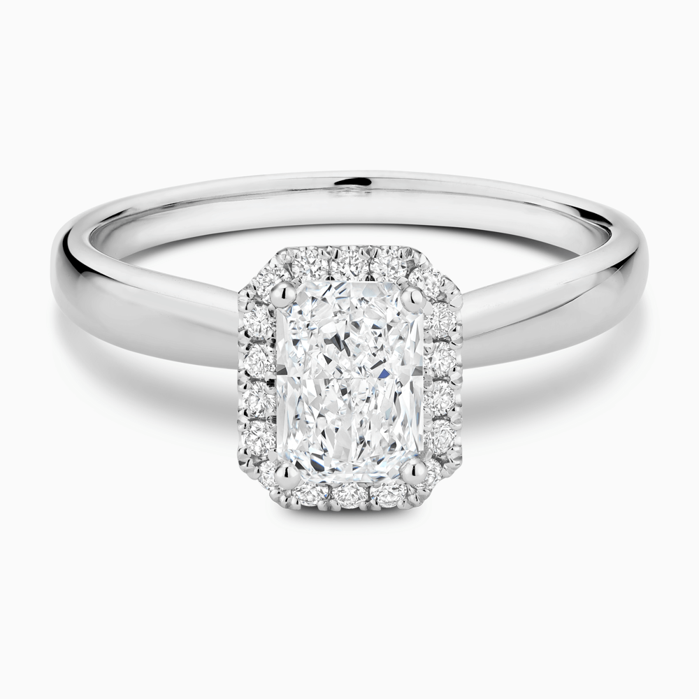The Ecksand Secret Heart Engagement Ring with Halo shown with Radiant in Platinum