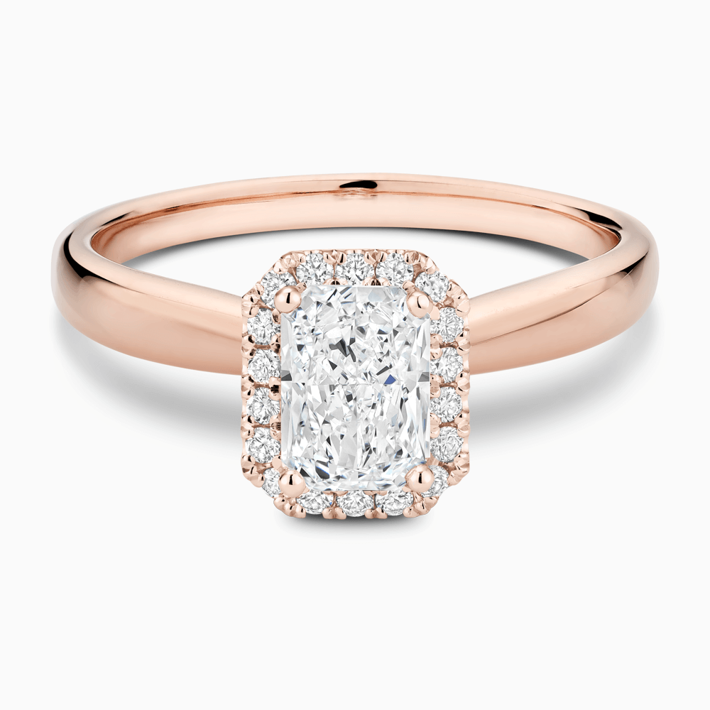 The Ecksand Secret Heart Engagement Ring with Halo shown with Radiant in 14k Rose Gold