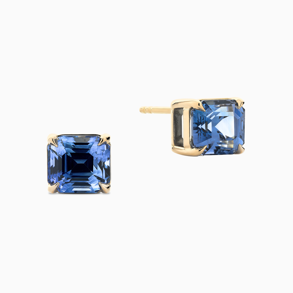 The Ecksand Asscher-Cut Blue Sapphire Stud Earrings shown with Sapphires 4x4 in 14k Yellow Gold