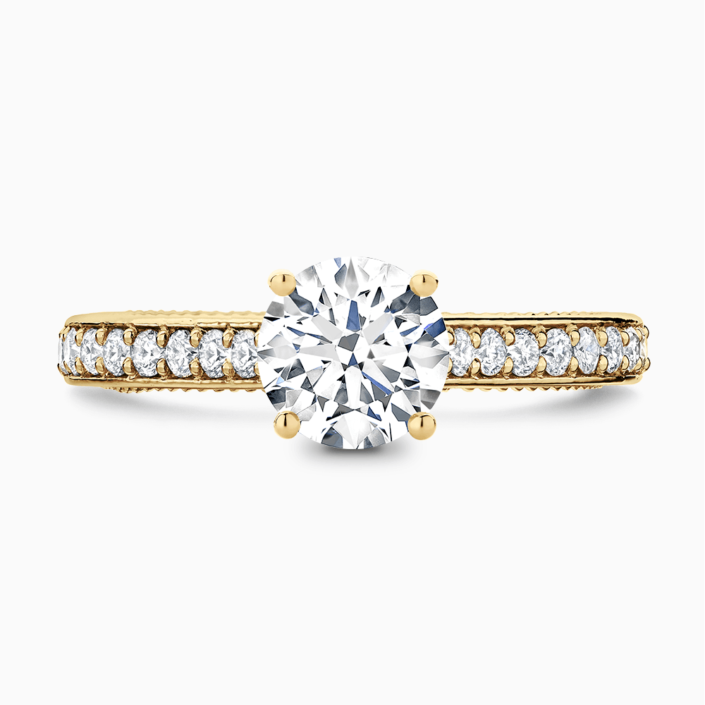 The Ecksand Double-Band Solitaire Diamond Engagement Ring with Vintage Detailing shown with Round in 18k Yellow Gold