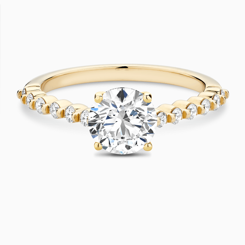 The Ecksand Diamond Engagement Ring with Shared Prongs Diamond Pavé shown with Round in 18k Yellow Gold
