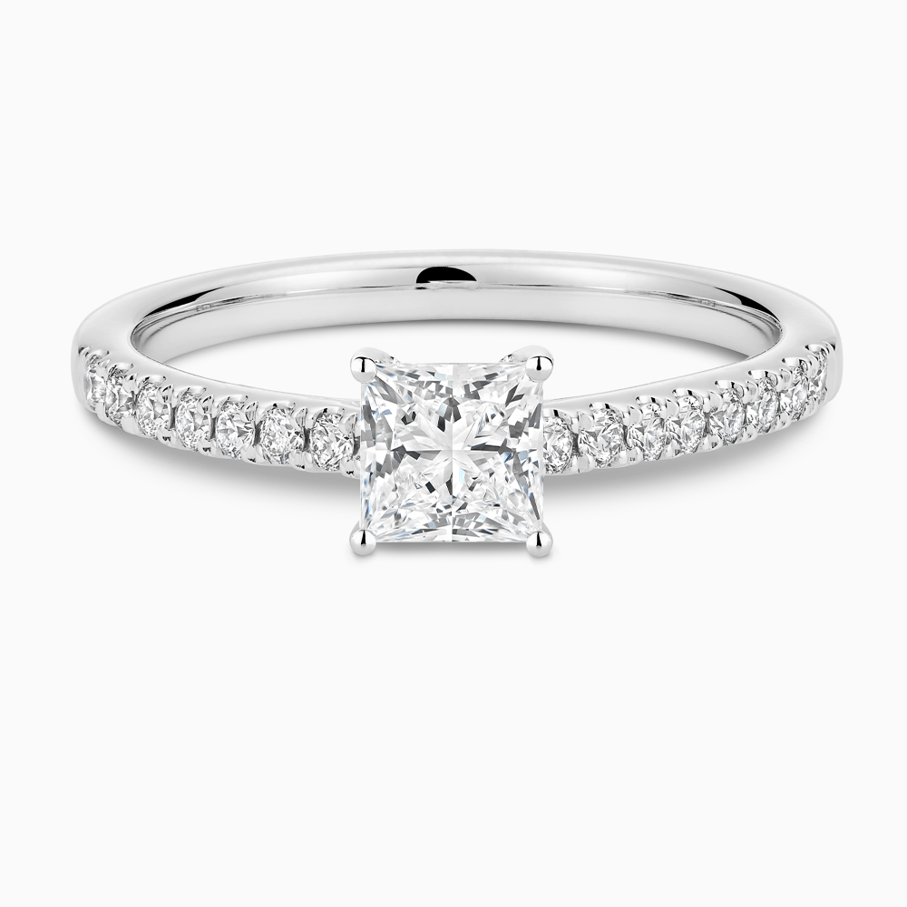 The Ecksand Diamond Engagement Ring with Cathedral Setting shown with Princess in Platinum