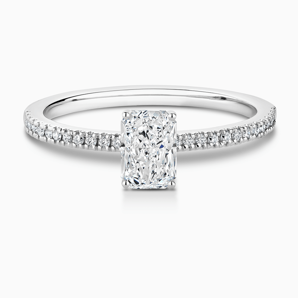 The Ecksand Diamond Pavé Engagement Ring with Basket Setting shown with Radiant in 18k White Gold