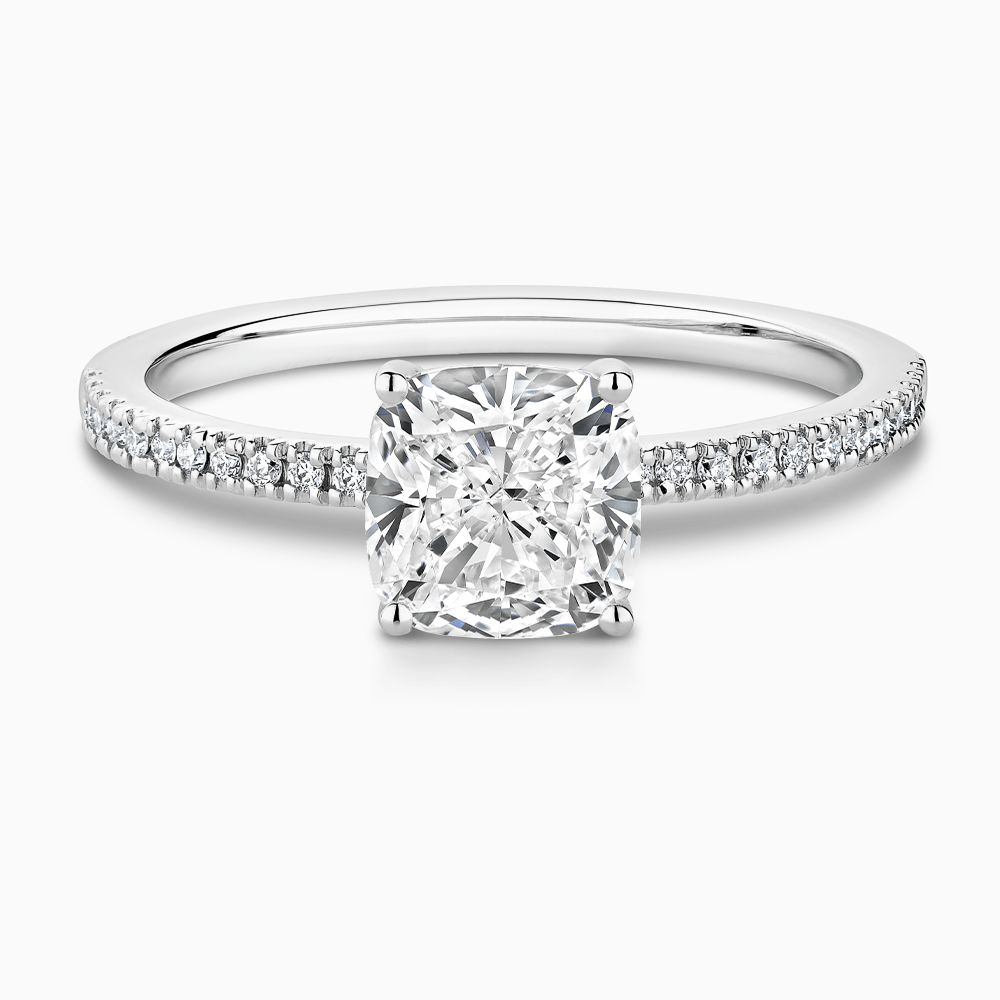 The Ecksand Four-Prong Diamond Engagement Ring with Diamond Pavé shown with Cushion in Platinum