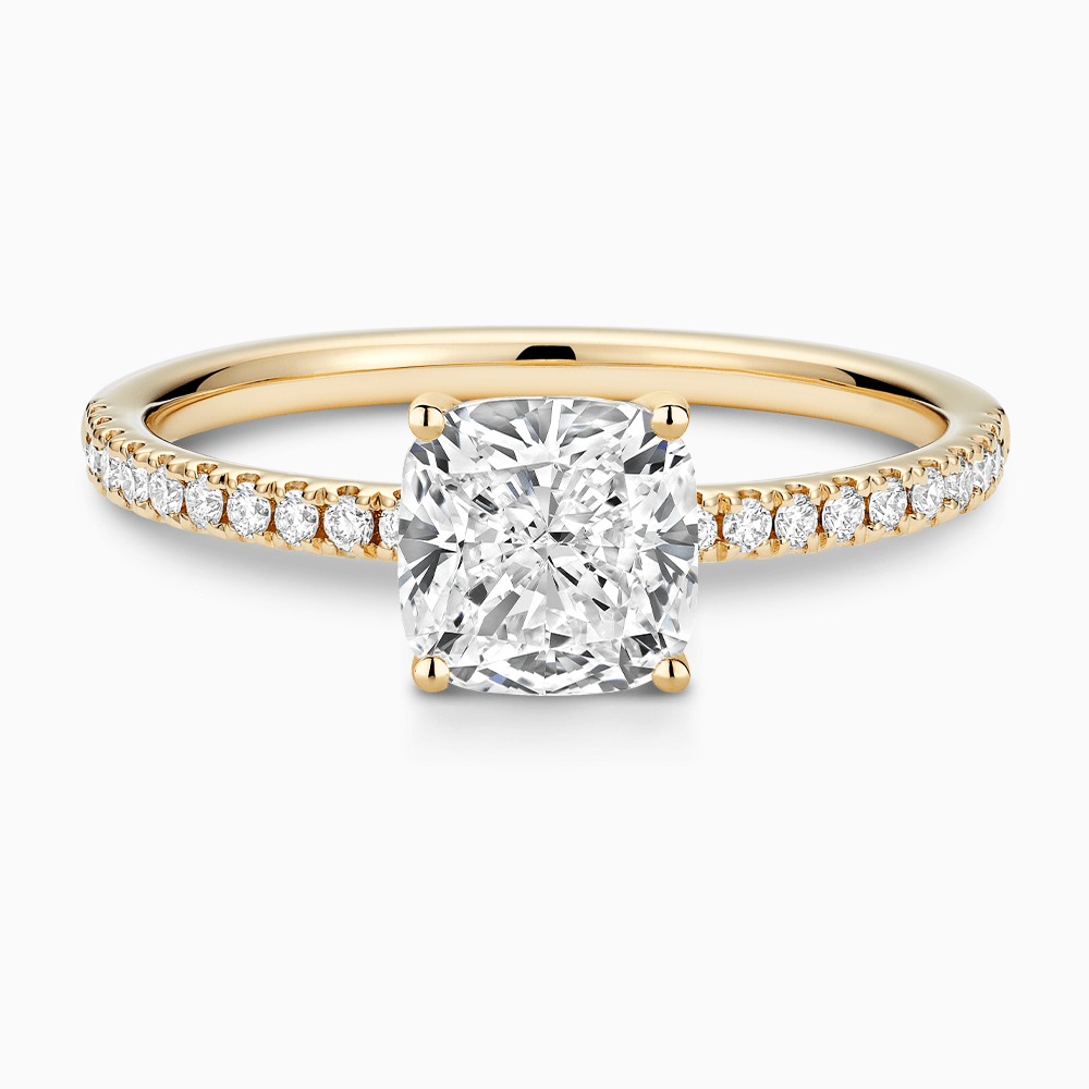 The Ecksand Diamond Semi-Eternity Engagement Ring shown with Cushion in 18k Yellow Gold
