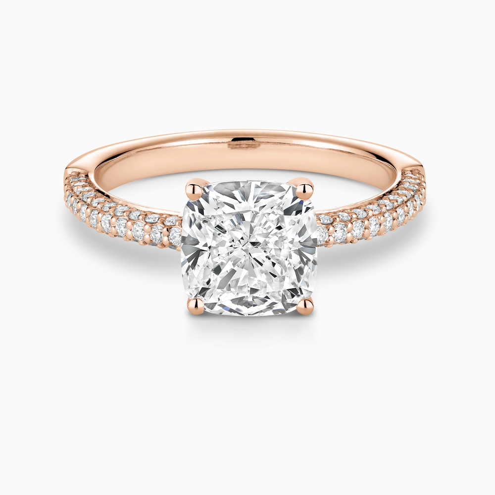 The Ecksand Iconic Diamond Engagement Ring with Micropavé Diamond Band shown with Cushion in 14k Rose Gold