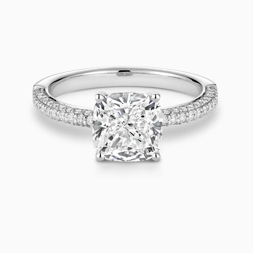 The Ecksand Iconic Diamond Engagement Ring with Micropavé Diamond Band shown with Cushion in 18k White Gold