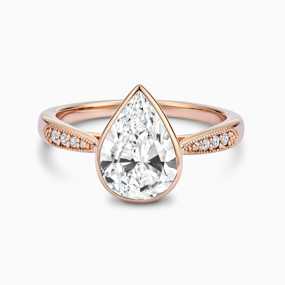 The Ecksand Diamond Engagement Ring With Milgrain Details and Vintage Basket shown with Pear in 14k Rose Gold