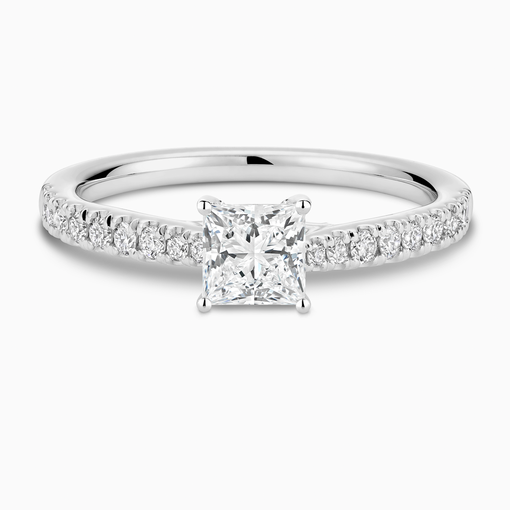 The Ecksand Thick Diamond Engagement Ring with Secret Heart and Diamond Band shown with Princess in Platinum