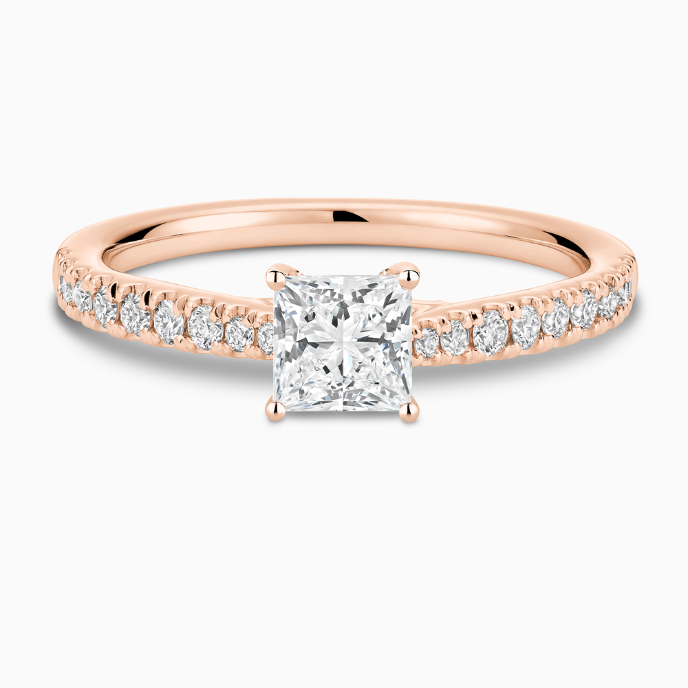 The Ecksand Thick Diamond Engagement Ring with Secret Heart and Diamond Band shown with Princess in 14k Rose Gold