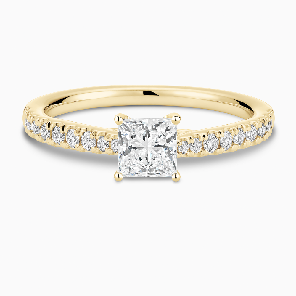 The Ecksand Thick Diamond Engagement Ring with Secret Heart and Diamond Band shown with Princess in 18k Yellow Gold
