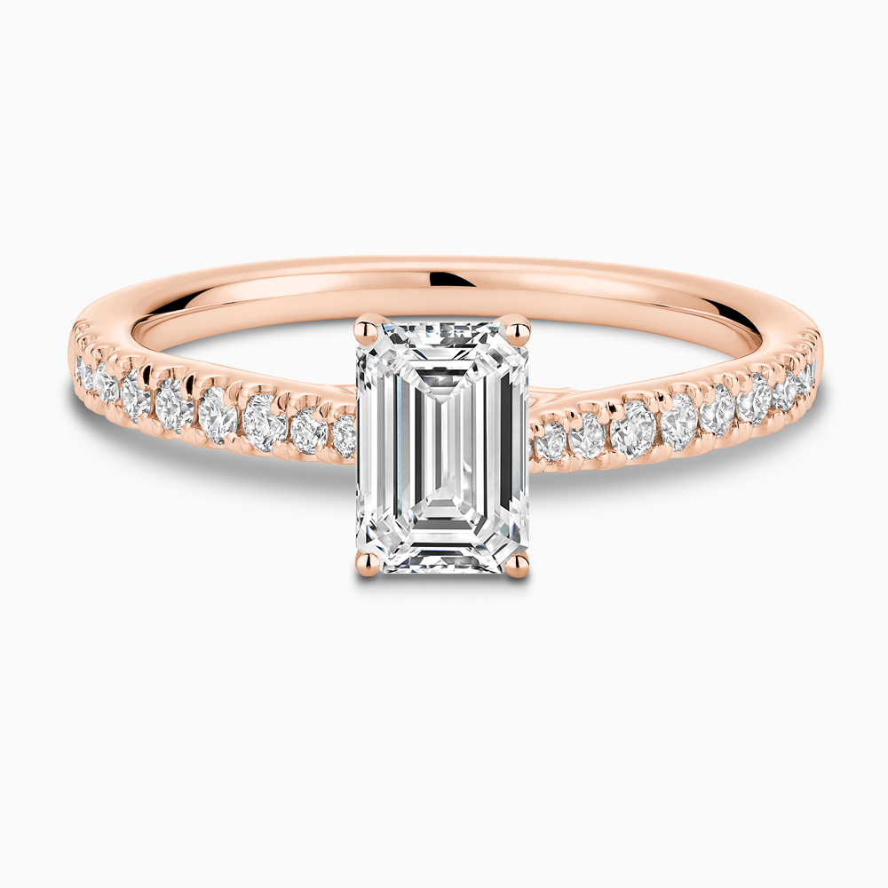 The Ecksand Thick Diamond Engagement Ring with Secret Heart and Diamond Band shown with Emerald in 14k Rose Gold