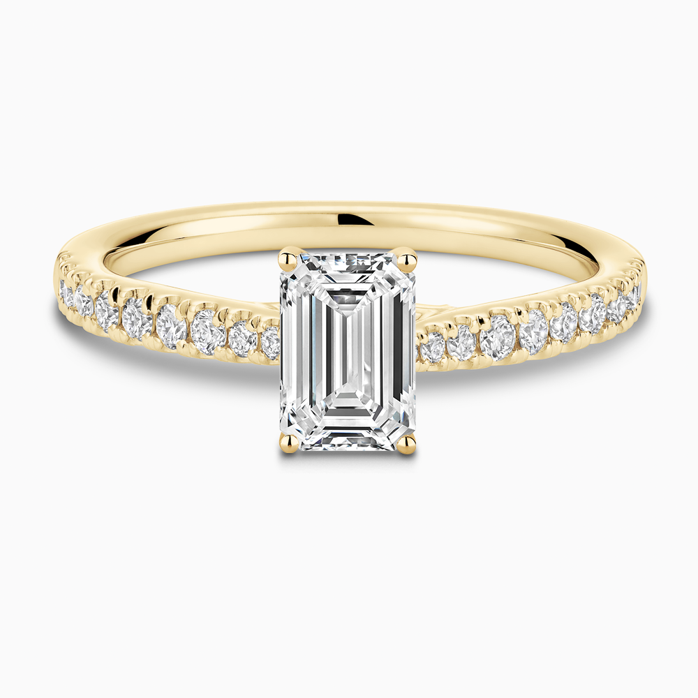 The Ecksand Thick Diamond Engagement Ring with Secret Heart and Diamond Band shown with Emerald in 18k Yellow Gold