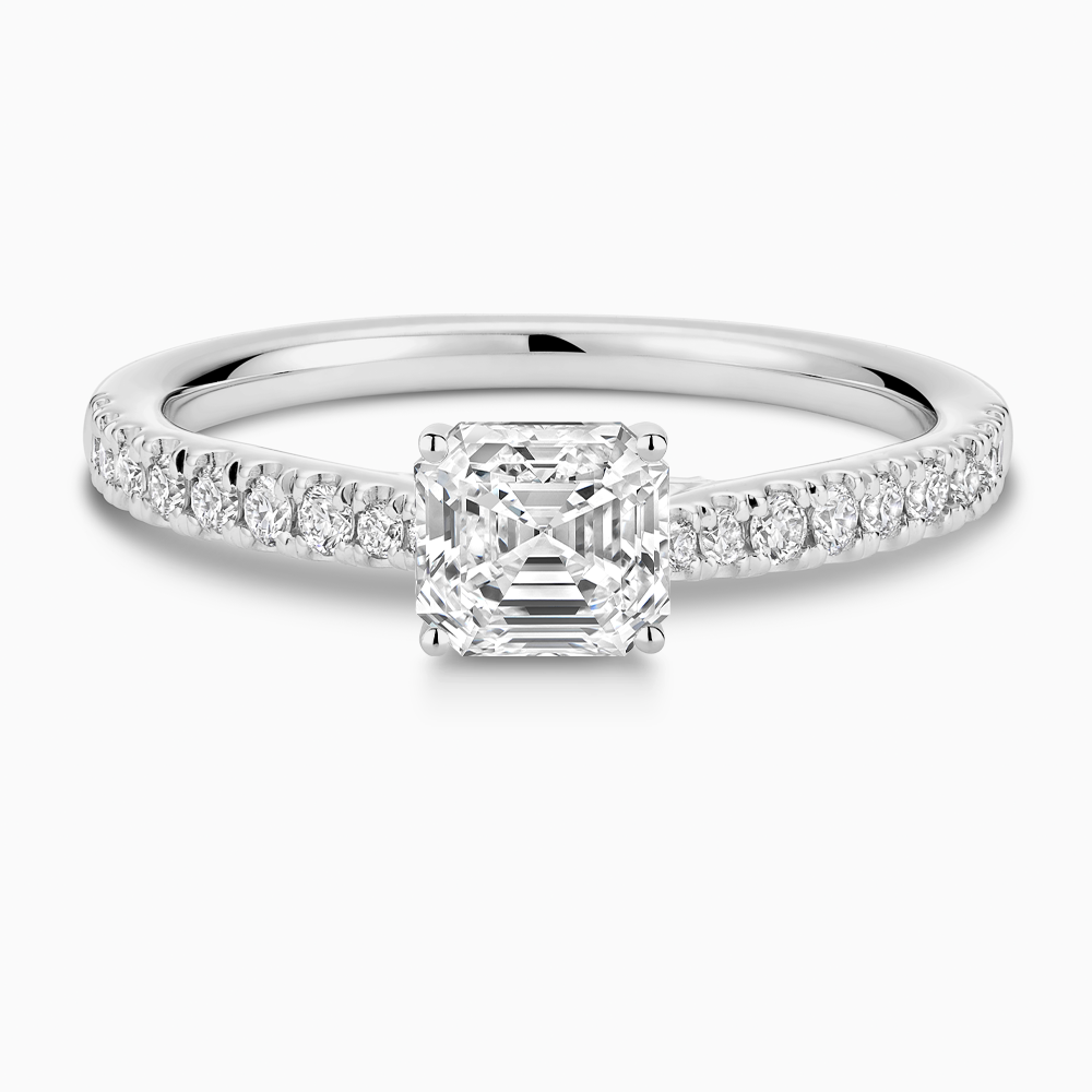 The Ecksand Thick Diamond Engagement Ring with Secret Heart and Diamond Band shown with Asscher in Platinum