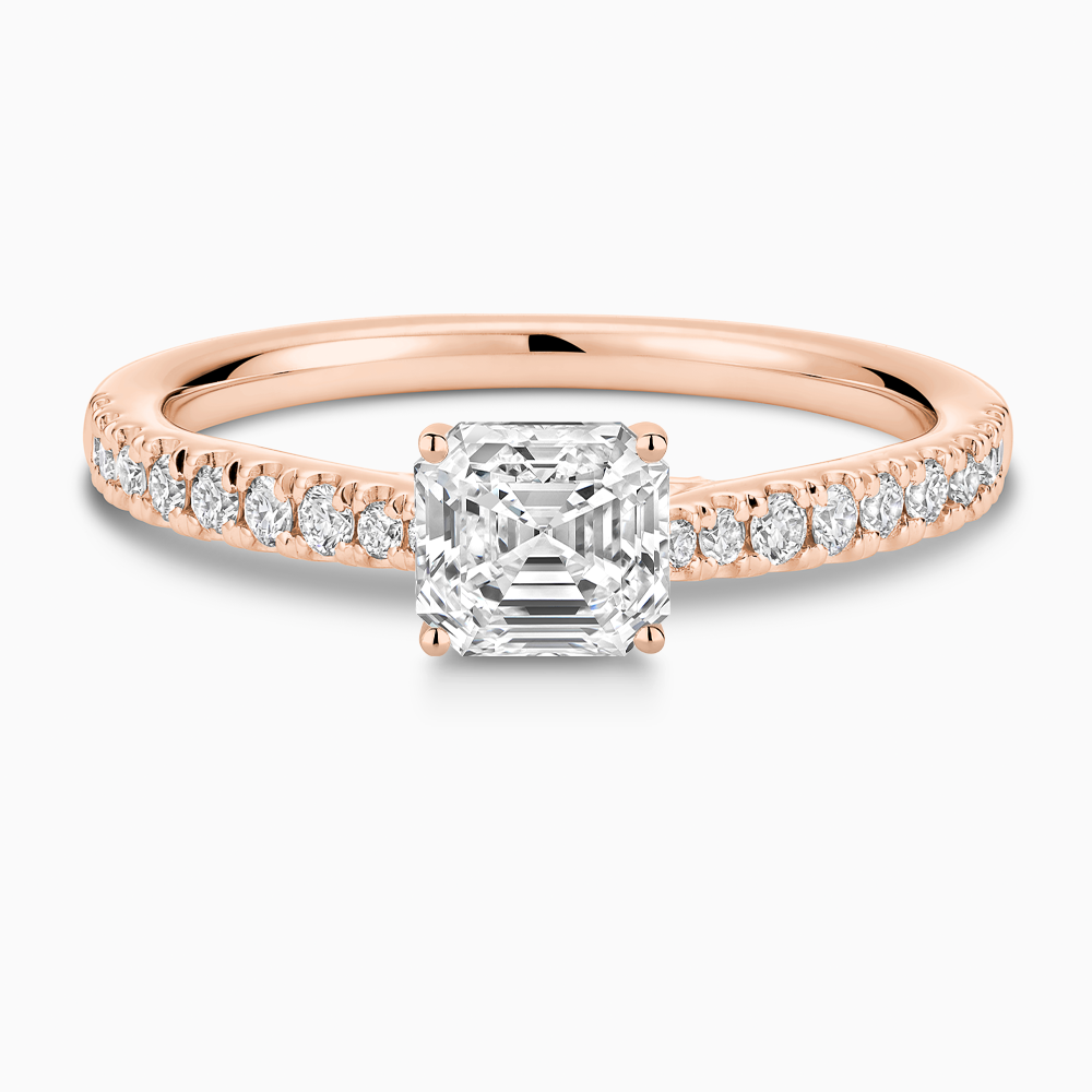 The Ecksand Thick Diamond Engagement Ring with Secret Heart and Diamond Band shown with Asscher in 14k Rose Gold