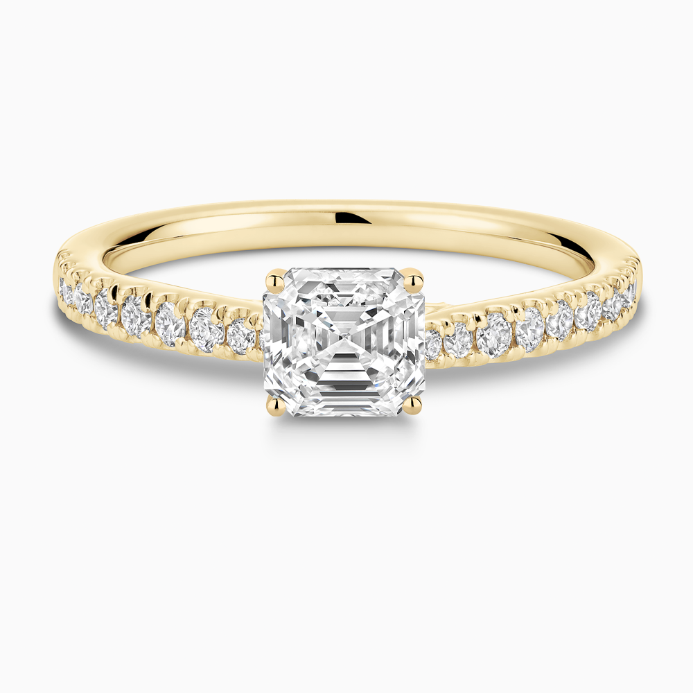 The Ecksand Thick Diamond Engagement Ring with Secret Heart and Diamond Band shown with Asscher in 18k Yellow Gold