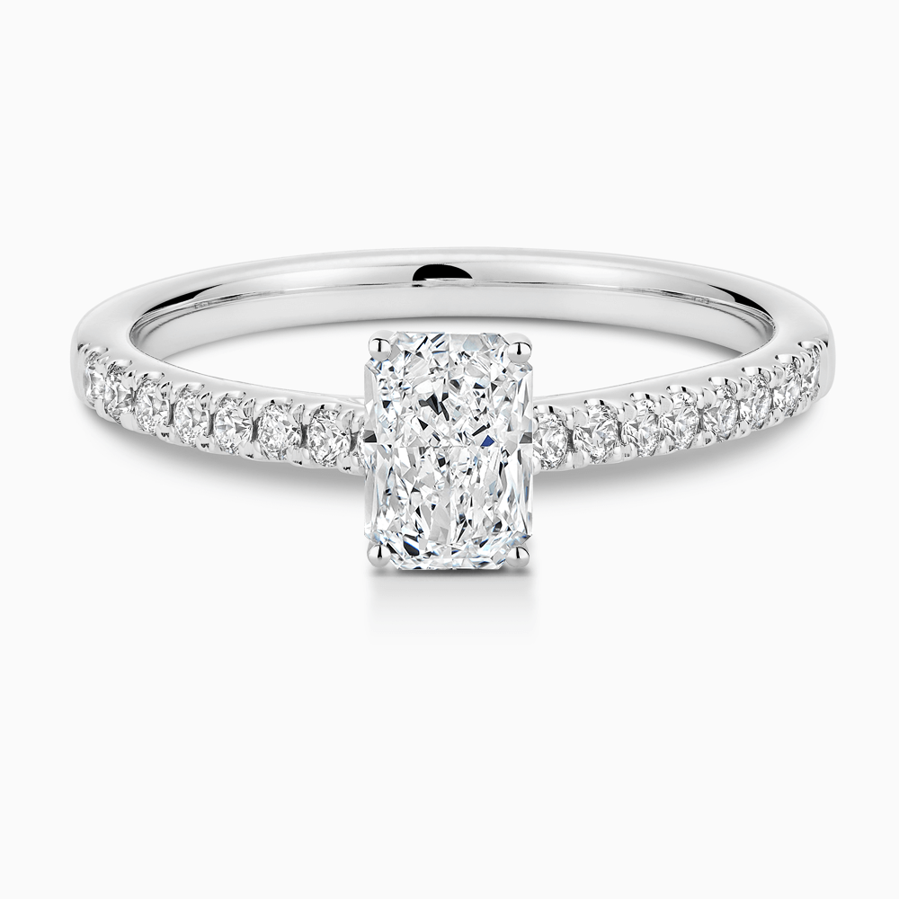 The Ecksand Diamond Engagement Ring with Cathedral Setting shown with Radiant in Platinum