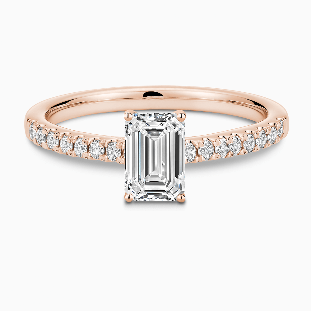 The Ecksand Diamond Engagement Ring with Cathedral Setting shown with Emerald in 14k Rose Gold
