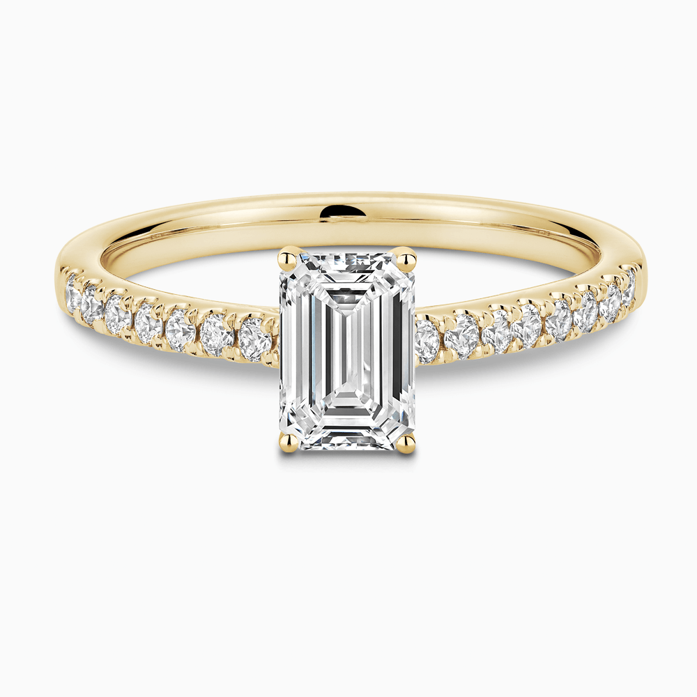 The Ecksand Diamond Engagement Ring with Cathedral Setting shown with Emerald in 18k Yellow Gold